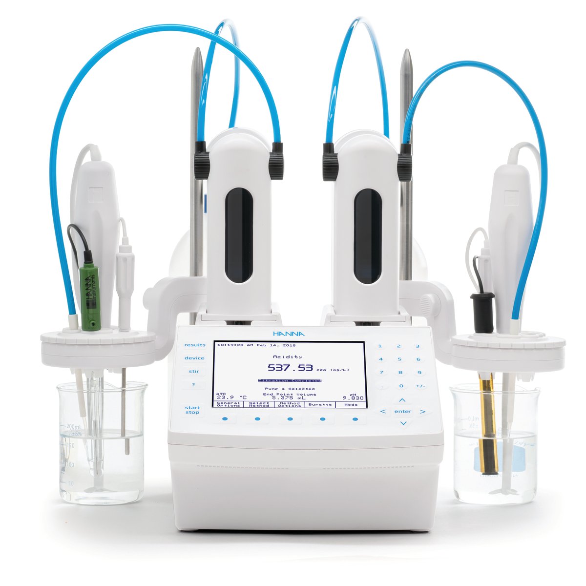 Front View of Hanna Instruments® Salt & Acidity (TA) Automatic Titrator for food quality control testing